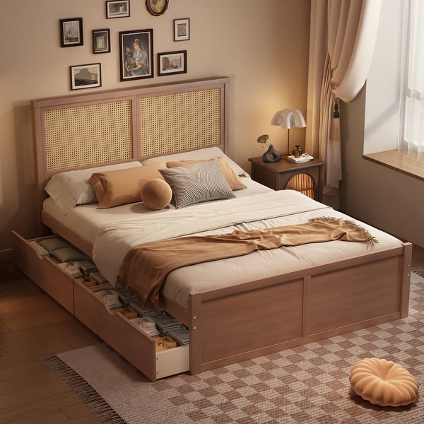 slide 2 of 18, Queen Size Solid Pine Wood Platform Kids Bed Frame with 4-Drawers and Rattan Headboard for Bedroom, Easy to Assemble, Espresso Espresso