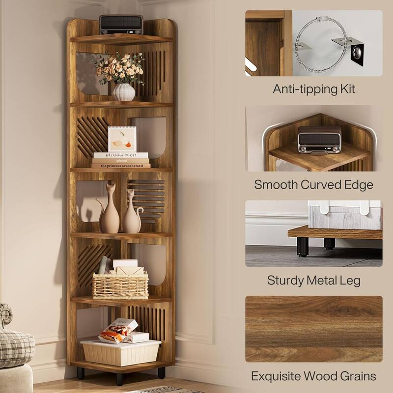 6-Tier Tall Brown Wood Corner Shelf, 71 Inches Corner Bookshelf for Living Room
