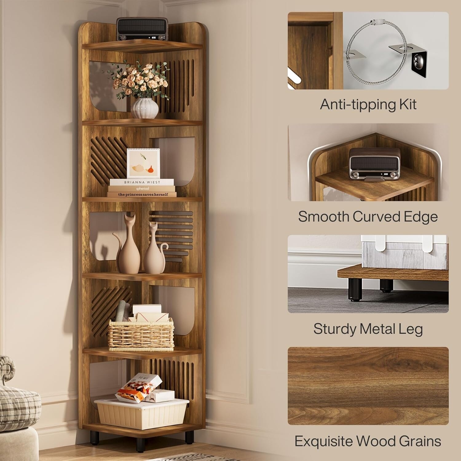 6-Tier Tall Brown Wood Corner Shelf, 71 Inches Corner Bookshelf