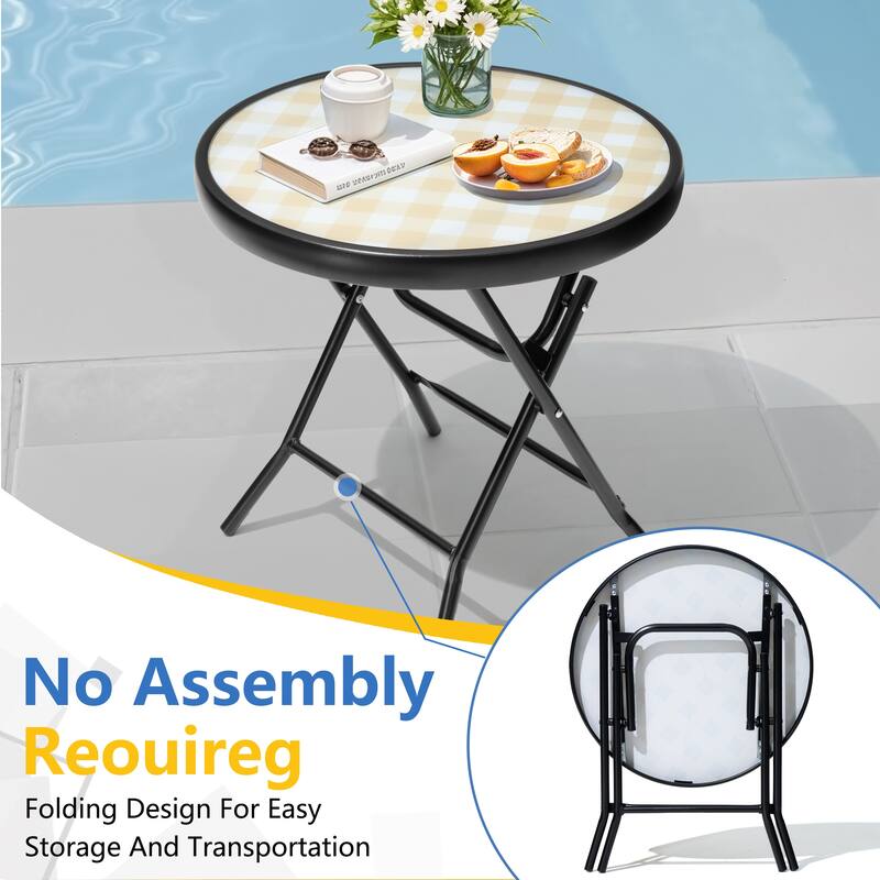 Outdoor Patio Folding Round Table Tempered Glass Top