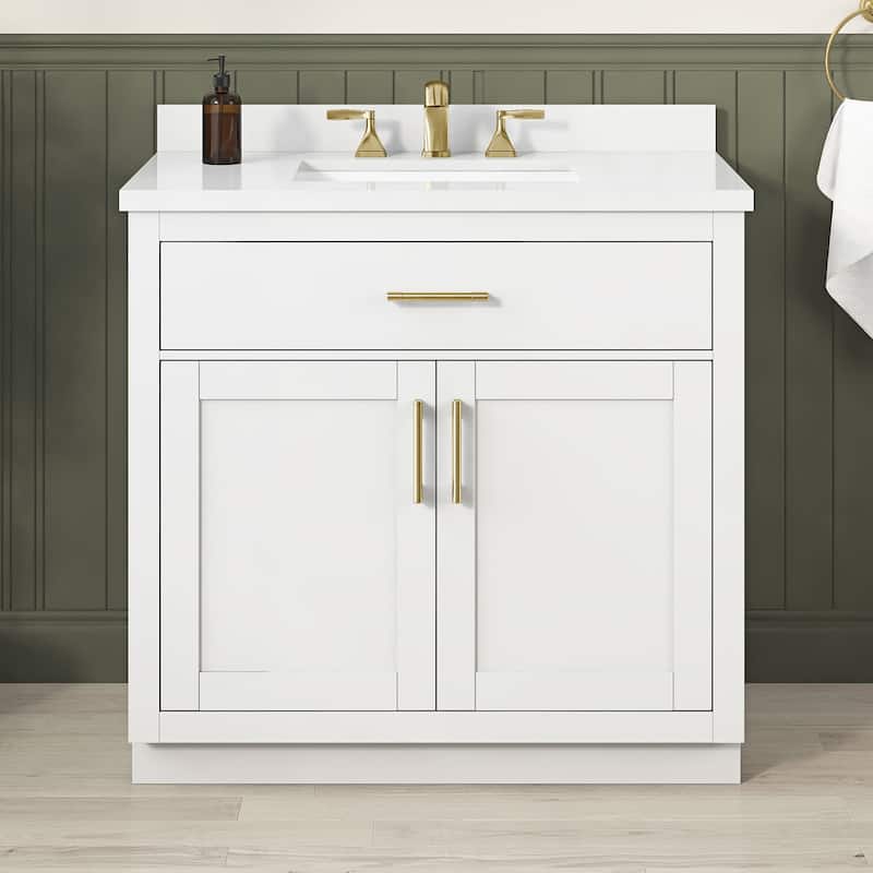 OVE Bailey Bathroom Vanity with Power Bar - 36" - Pure White with Brushed Gold Hardware