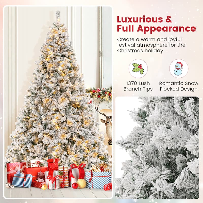 Gymax 6/7/8 FT Pre-Lit Snow-Flocked Xmas Tree 3-Minute-Setup