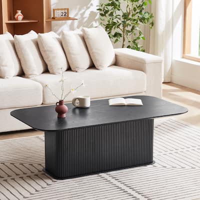 Modern Coffee Table Stylish Rectangular Center Table with Oak Tabletop and Frame, for Living Room, Black