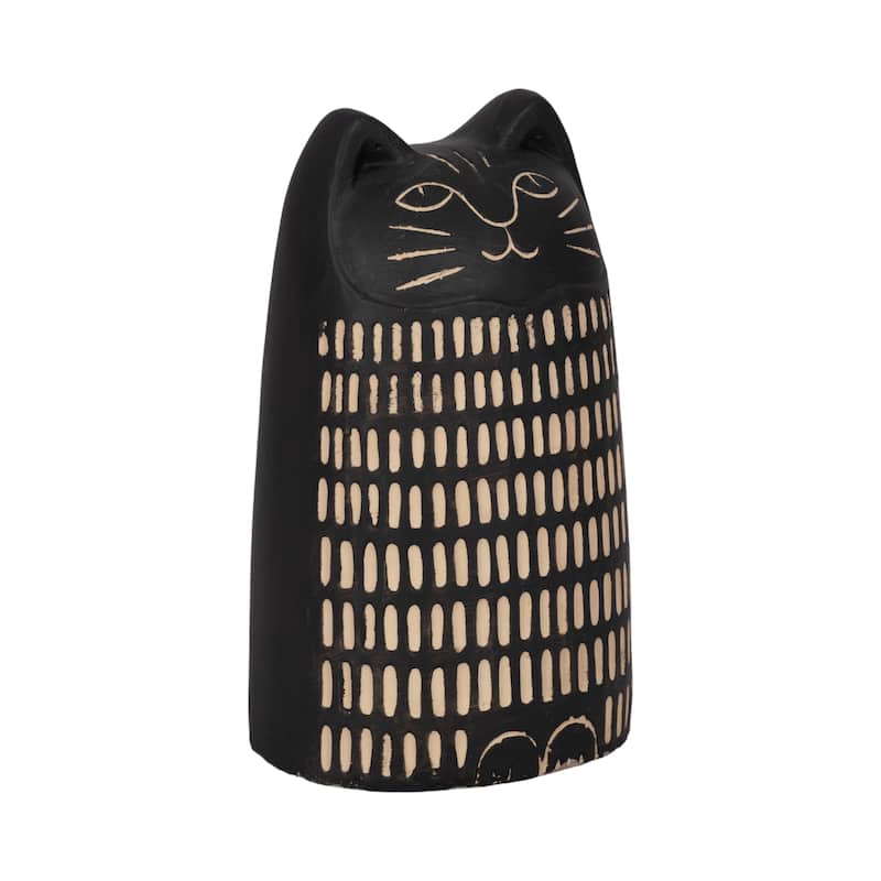 Sagebrook Home Cement Cat Figurine Enchanting 8-Inch Etched Lines Decor, Black Cement - 5" x 4" x 8"