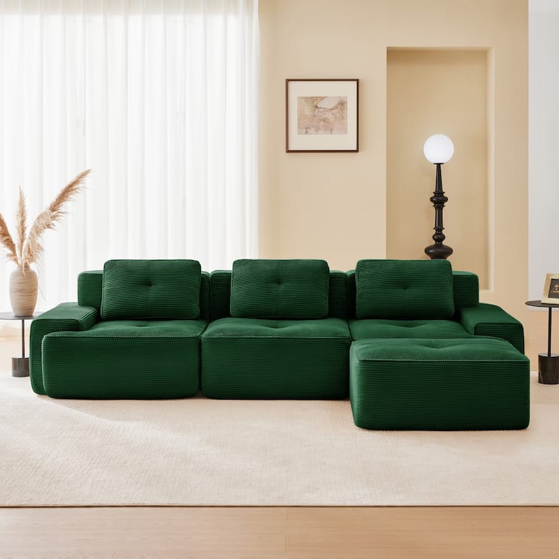 L-Shaped Modular Sectional Sofa with Movable Ottoman, Corduroy Boneless Cloud Couch, Tufted Deep Seat Sofa with 3 Pillow