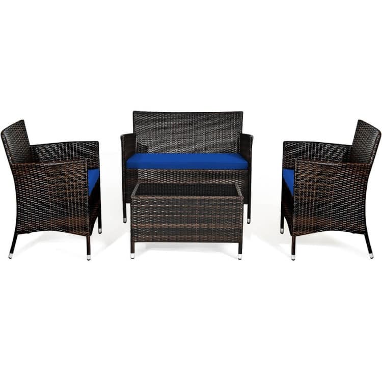 Rattan Patio Conversation Furniture Set with Glass Table and Comfortable Sofa - 4 Pcs - Navy