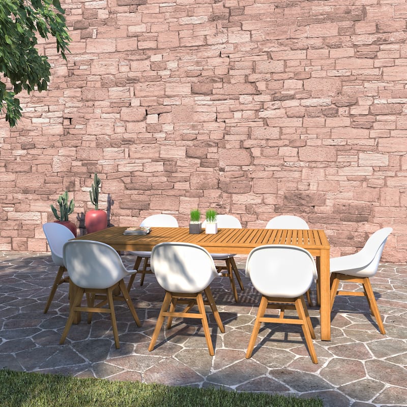Amazonia Hawaii 9 piece FSC Certified Wood Outdoor Patio Dining Set - 9pc - Light Wood Finish and White Chairs
