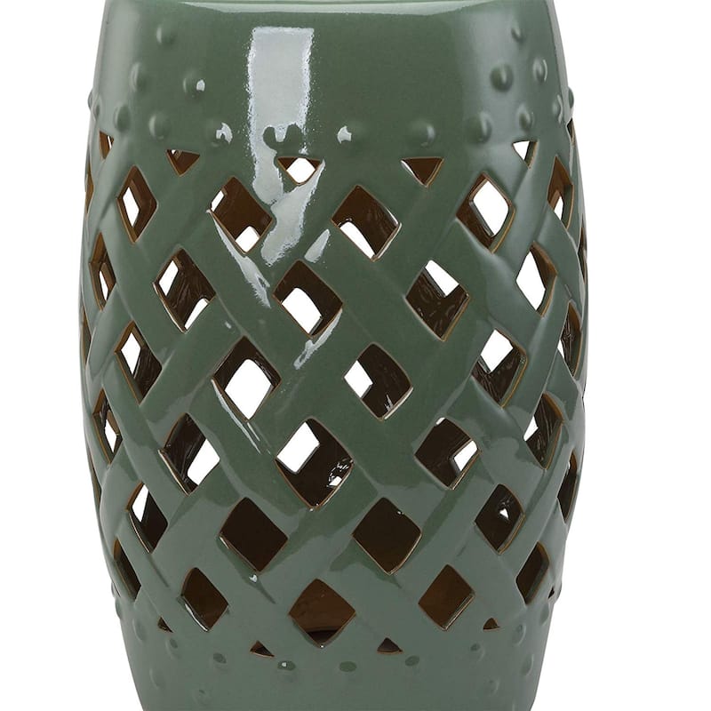 Outsunny 13" Heavy Duty Multi-Use Ceramic Garden Stool / Round Side Table / Foot Rest with Lattice Ring Design Green