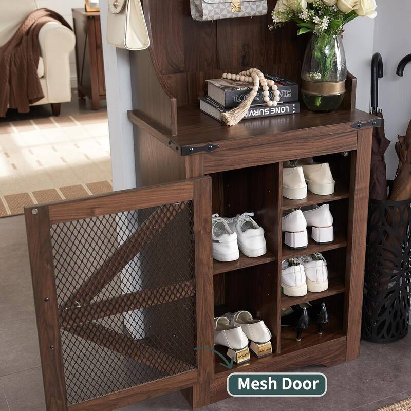 23" Wide Farmhouse Entryway Bench with Coat Rack, Hall Tree Cabinet