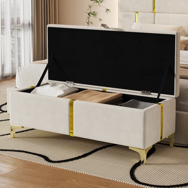 Elegant Upholstered Storage Ottoman Padded Bench with Metal Legs, Beige Accent Bench Velvet Vanity Bench - Beige