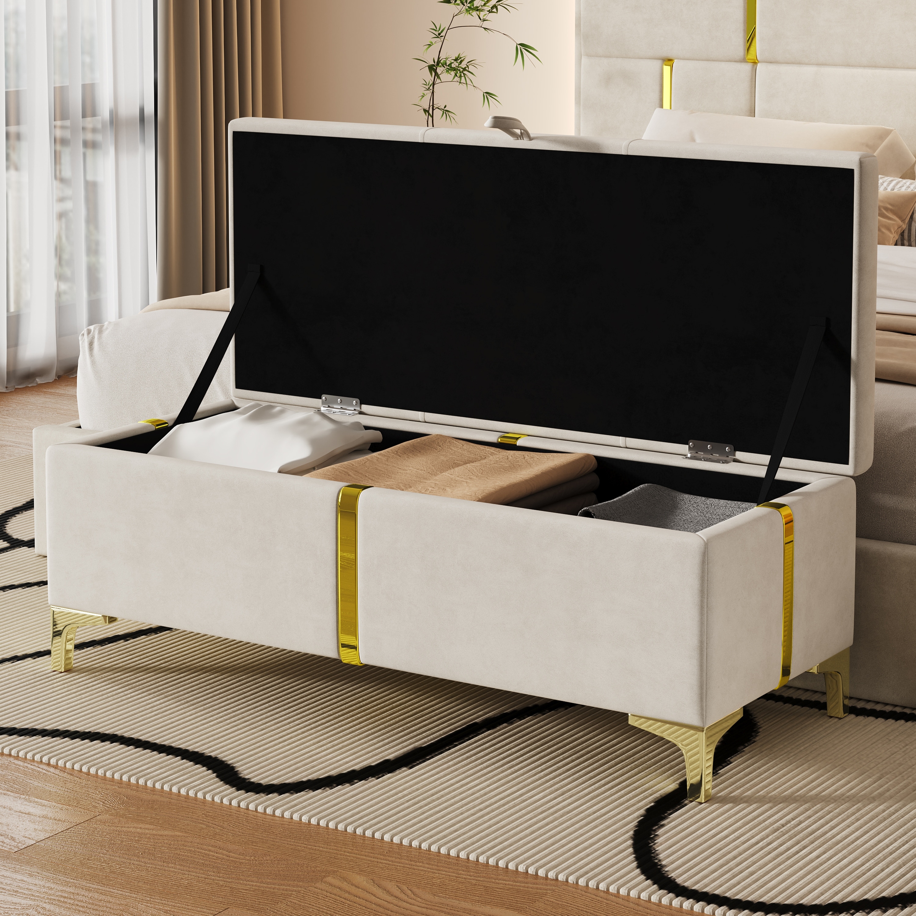 Elegant Upholstered Storage Ottoman Padded Bench with Metal Legs, Beige Accent Bench Velvet Vanity Bench