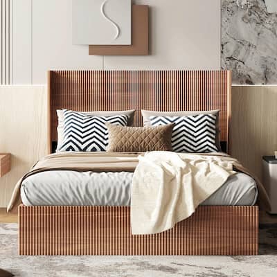 Large Grooved Undulating Lift Storage Bed Frame - Wooden Platform Bed with Lift-Top Storage