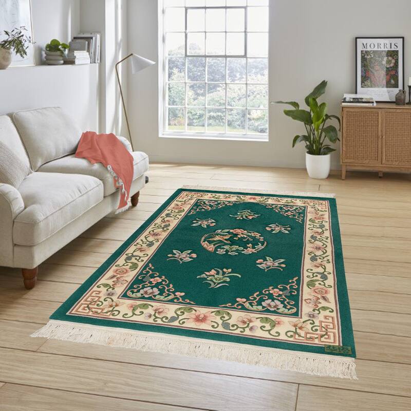 Gertmenian Oriental Estate Traditional Oriental Floral Border Metallion Hand Knot Wool Area Rug Collection - Imperial Jade - 3x5