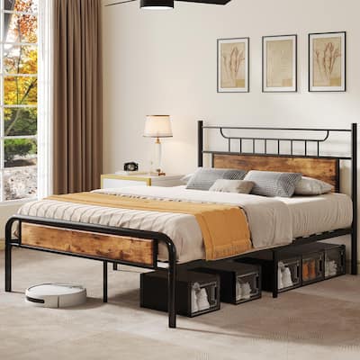 Moasis Queen Size Platform Bed Frame with Headboard & Footboard Full Bed Frame with Storage Space Under Frame
