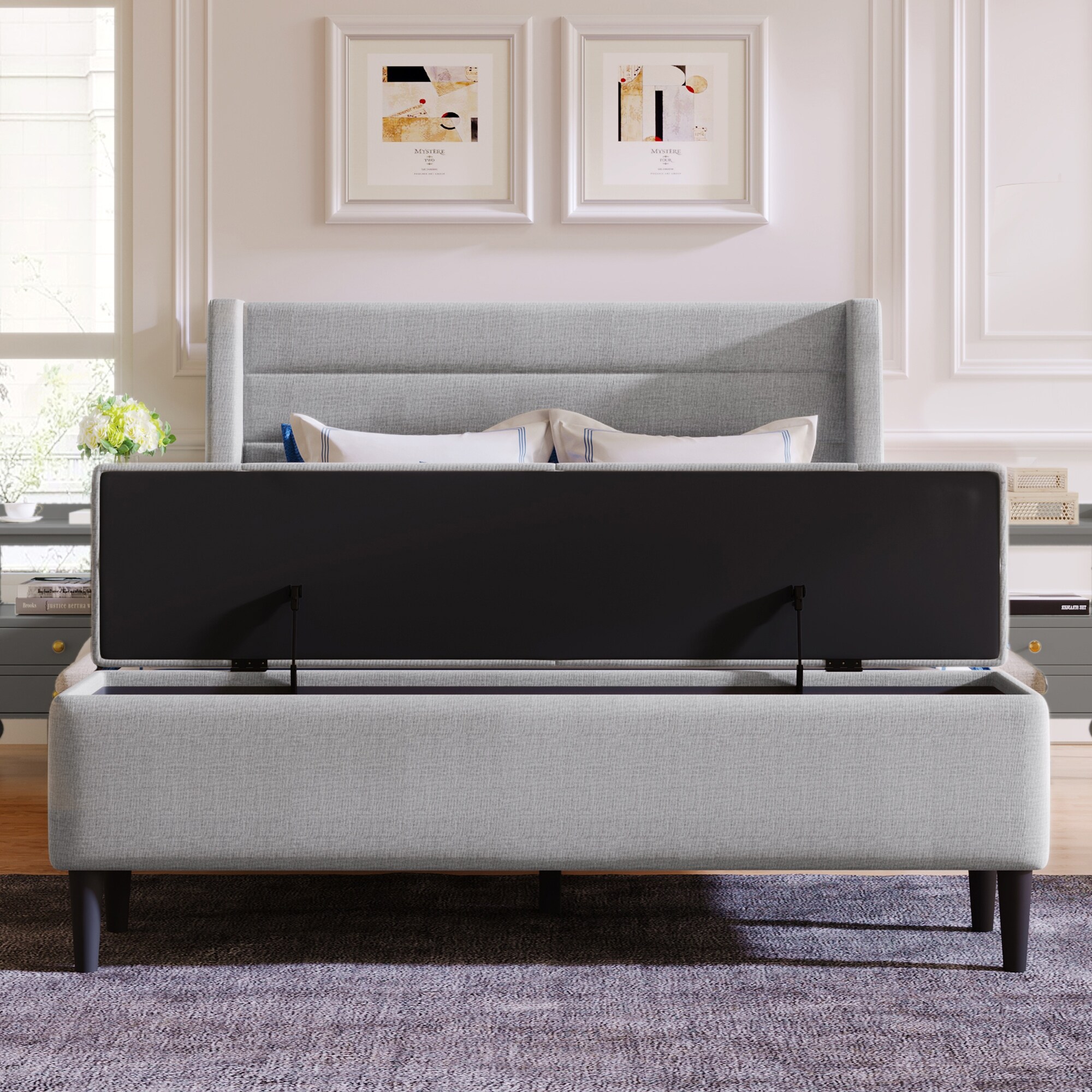 Linen Upholstered Bed with Storage Ottoman Queen Tufted Wingback Design