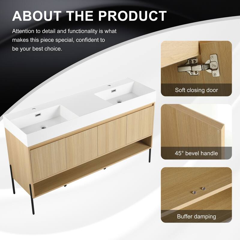 GDFStudio - Sydney Modern Freestanding Bathroom Vanity Cabinet with Double Resin Sink & 4-Soft Closing Doors - 60"