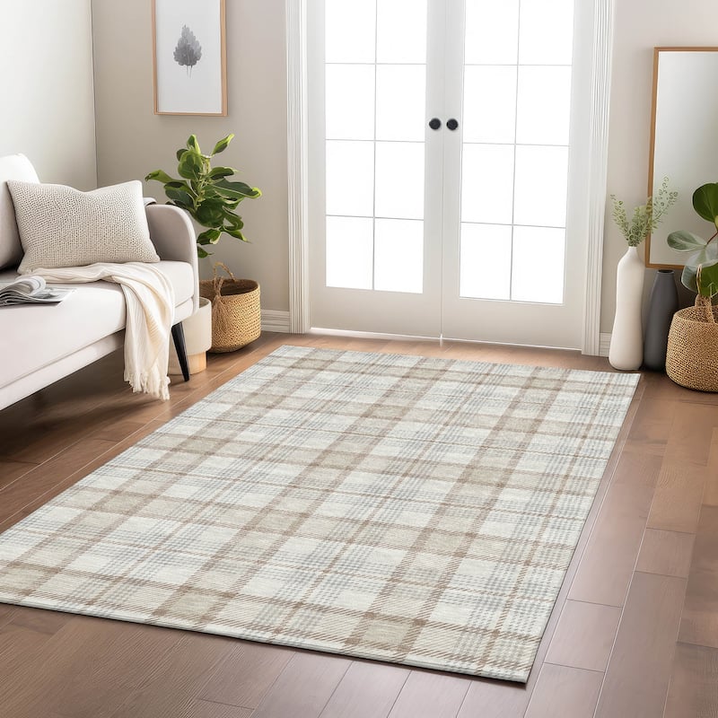 Machine Washable Indoor/ Outdoor Casual Plaid Chantille Rug