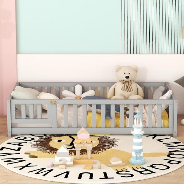 slide 2 of 9, Twin Size Floor Bed with Door & Fence, Wooden Montessori Bed for Kids Gray - Twin