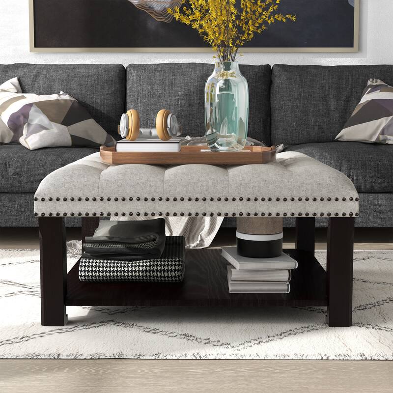 Transitional Linen Tufted Nailheads Cocktail Ottoman with Storage by Furniture of America