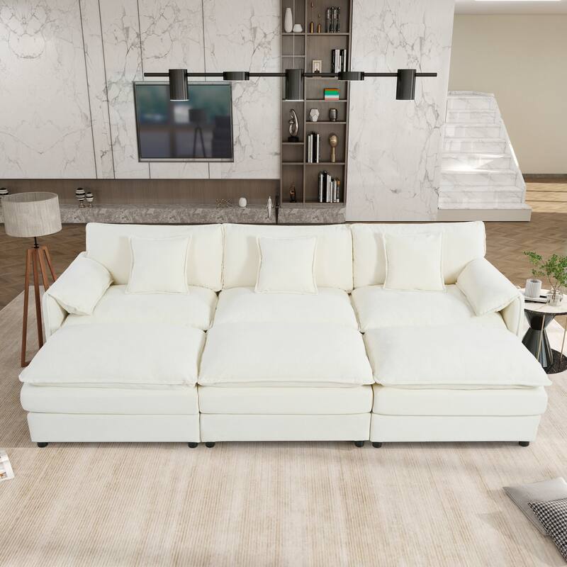 Modular Sleeper Sofa Bed Chenille 3 Seater Sectional Couch with 3 Ottomans, Thickened Seat Cushions and Side Pockets - Beige