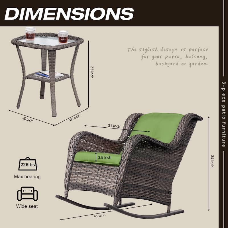 Cozywor 3-Piece Patio Wicker Outdoor Rocking Chair Set