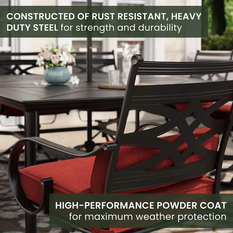 Hanover Montclair 11-Piece Dining Set in Chili Red with 10 Swivel Rockers and a 60-In. x 84-In. Table
