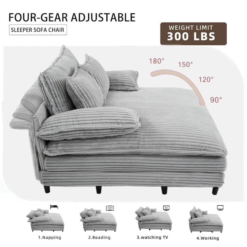 Corduroy Adjustable Chaise Lounge Chair, Sofa Bed with 2 Pillows