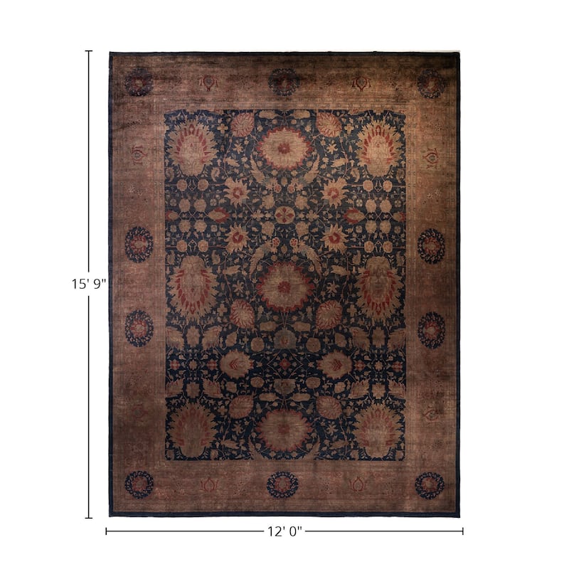 Overton Hand Knotted Wool Vintage Inspired Modern Contemporary Overdyed Navy Area Rug - 12' 0" x 15' 9"