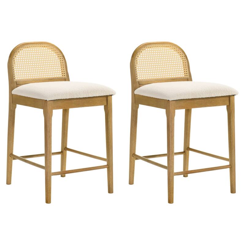 Lucio Modern Farmhouse Wood Counter Height Kitchen Bar Stool with White Boucle Fabric Upholstered Seat - Set of 2 - White/Amber Glow - Counter Height