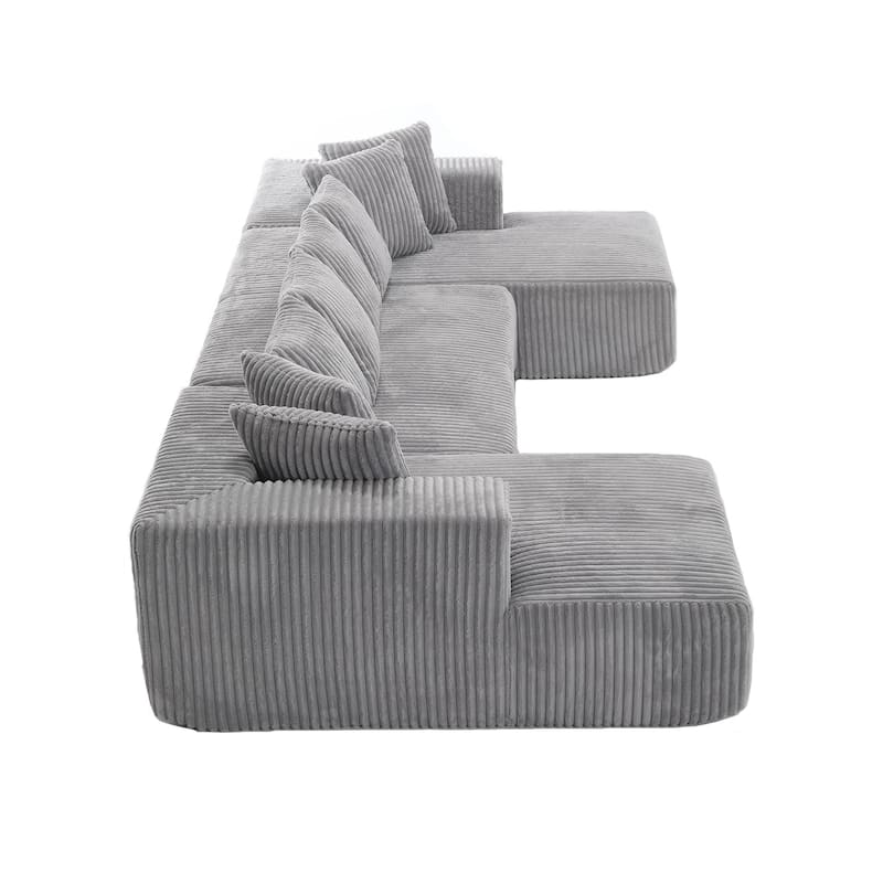 Large U-Shaped Sectional Couch with Chaise Lounge, Striped Corduroy Upholstery, Gray