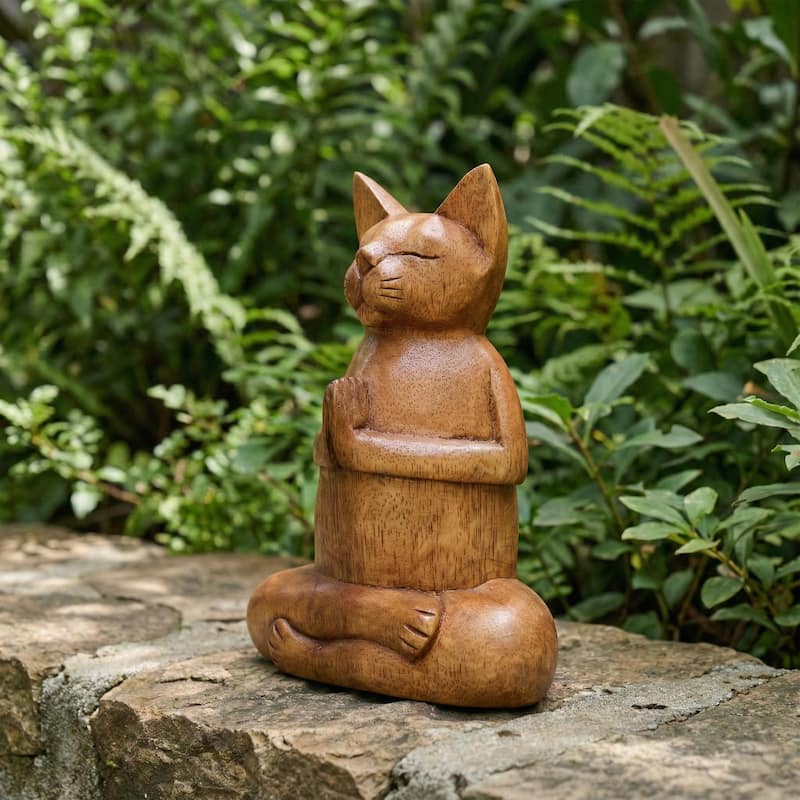 8" Wooden Handmade Hand Carved Yoga Fire Log Pose Cat Sculpture Statue Home Decoretion - 8" tall x 4" wide x 3" deep