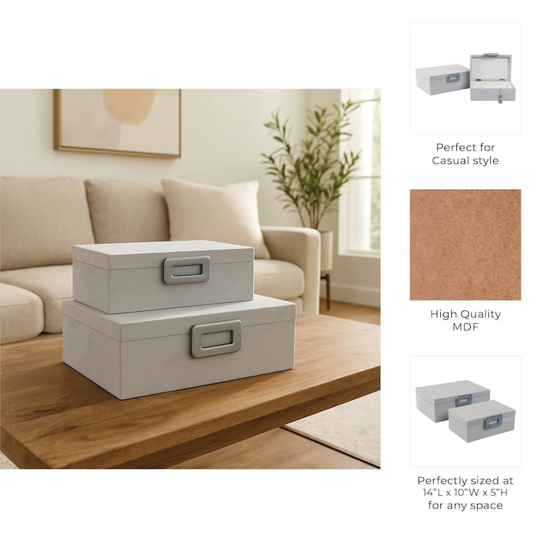 Decorative Suede Box with Lid and Gemstone - Set of 2, 14", 11" White - 14.0"