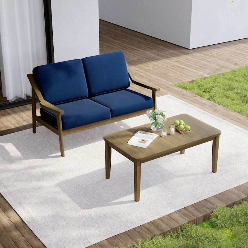 Outdoor Wood Teak Cushioned Patio 2 Seater Loveseat with Coffee Table