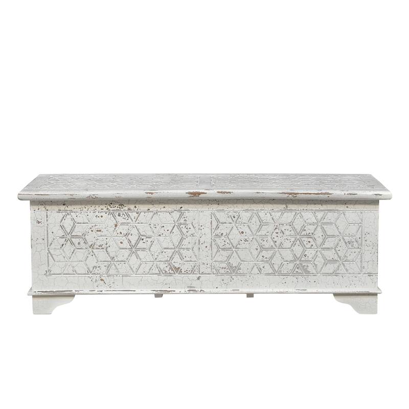 Clara Solid Wood Storage Ottoman with Geometric Carved Design - White Geometric