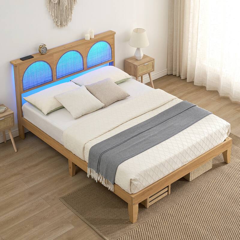 Ail Modern Wooden Platform Bed Frame Queen Size with Natural Rattan Headboard