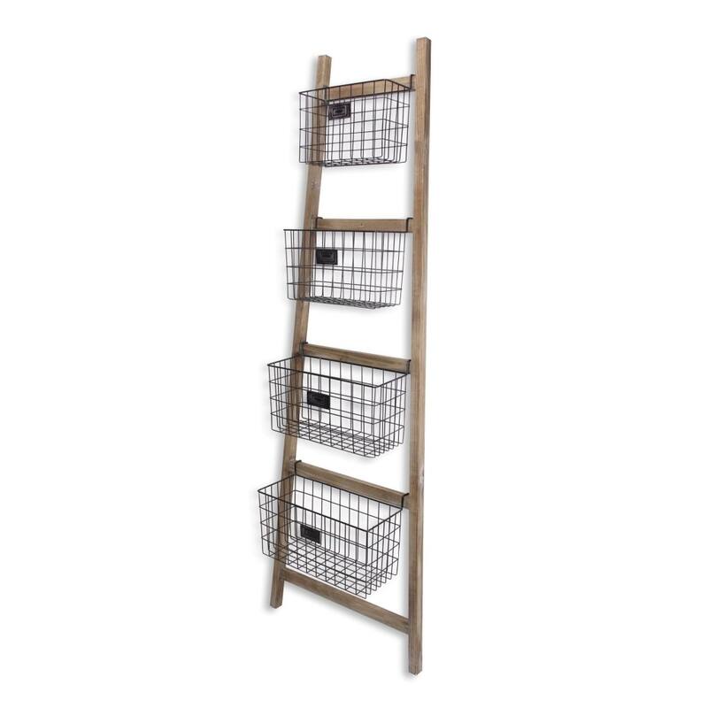 HomeRoots Wooden Ladder Storage Piece with 4 Baskets