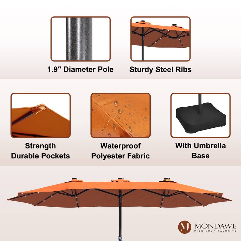 15ft Rectangular Patio Umbrella with Base and LED Lights