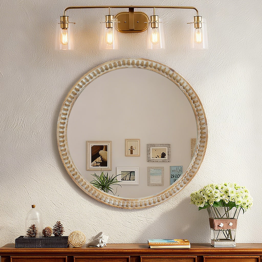 Round Decorative Wall Mirror, 23.62" Distressed Wood Beaded Frame Mirror for Entryway, Living Room, Bathroom - Natural Wood