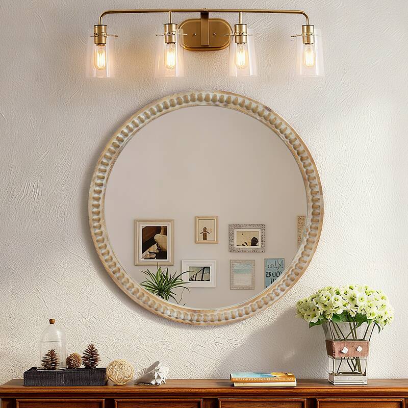Round Decorative Wall Mirror, 31.50" Distressed Wood Beaded Frame Mirror for Entryway, Living Room, Bathroom - Natural Wood