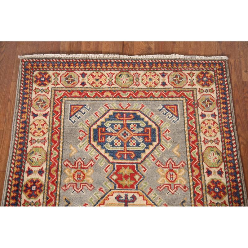 Geometric Kazak Oriental Accent Rug Handmade Grey Wool Carpet - 2'8" x 4'2"
