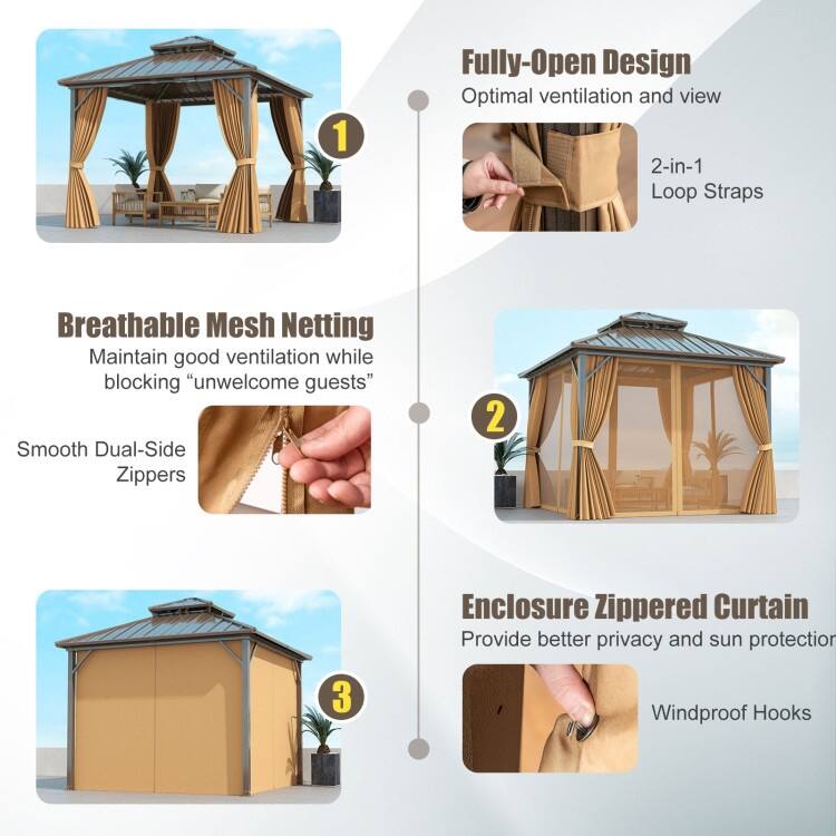 Coffee Galvanized Metal Aluminum Outdoor Gazebo with Mesh and Curtains