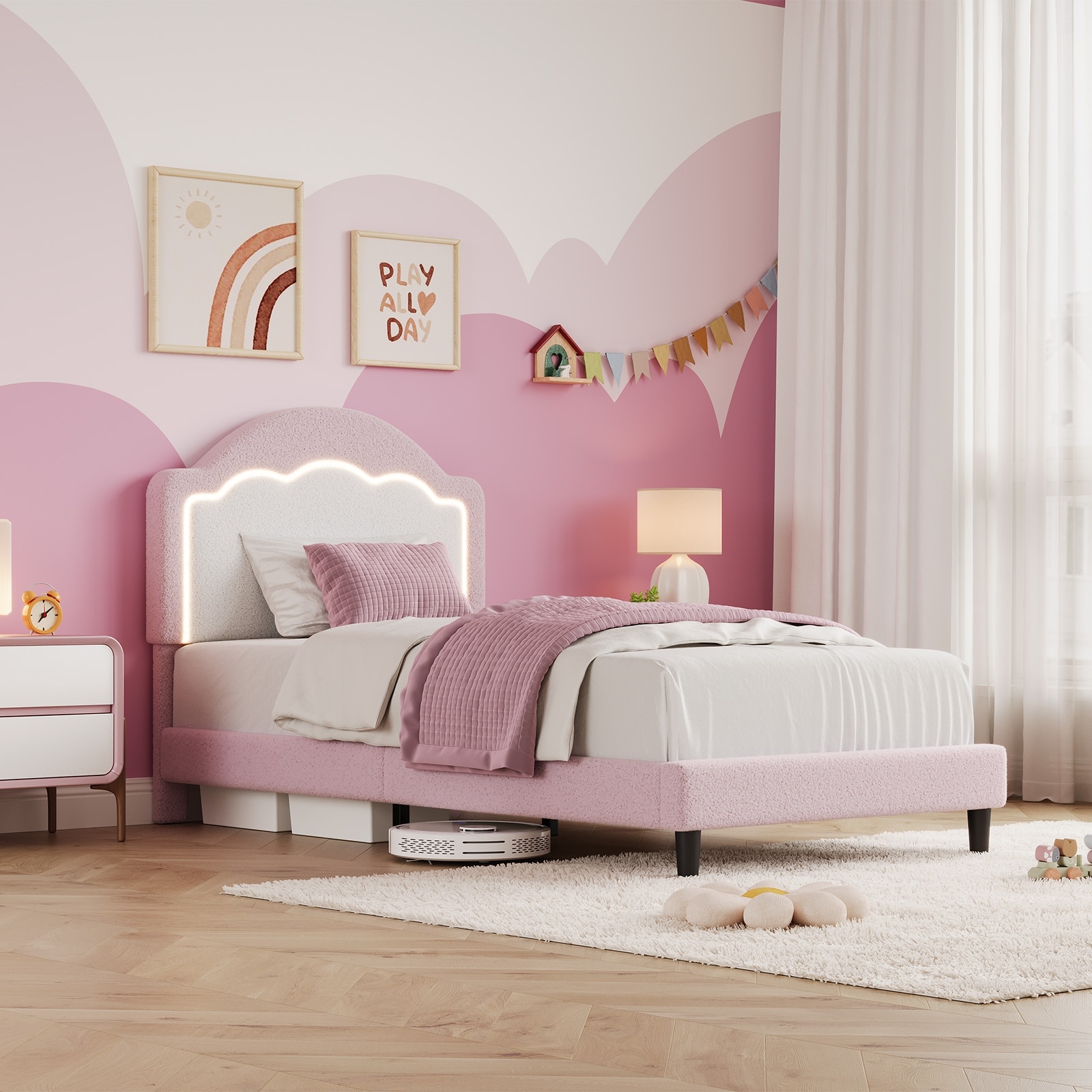 Bed Frame with LED Headboard, Plush Sherpa Fabric Upholstery, Slat Support (No Box Spring Needed)