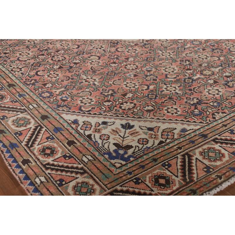 Geometric Pink Hamedan Vintage Persian Area Rug Handmade Wool Carpet - 7'5" x 10'4"