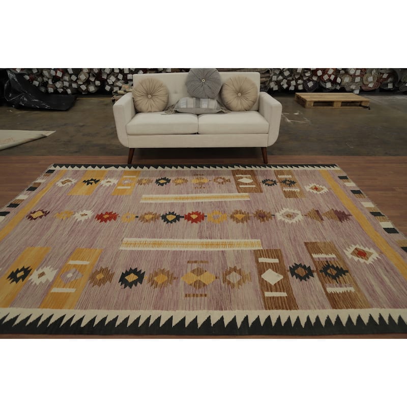 Hand Woven Oriental 100% Wool Carpet Southwestern Tribal Pink Kilim Area Rug - 9' 9'' X 6' 11''