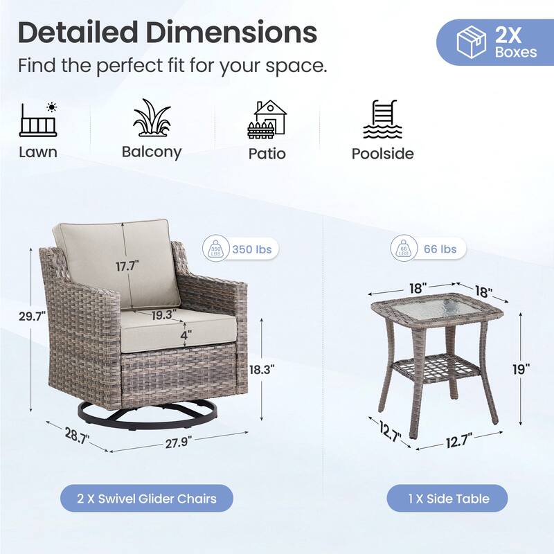 Pocassy Wicker Patio Glider Swivel Chair Ottoman Furniture Set.