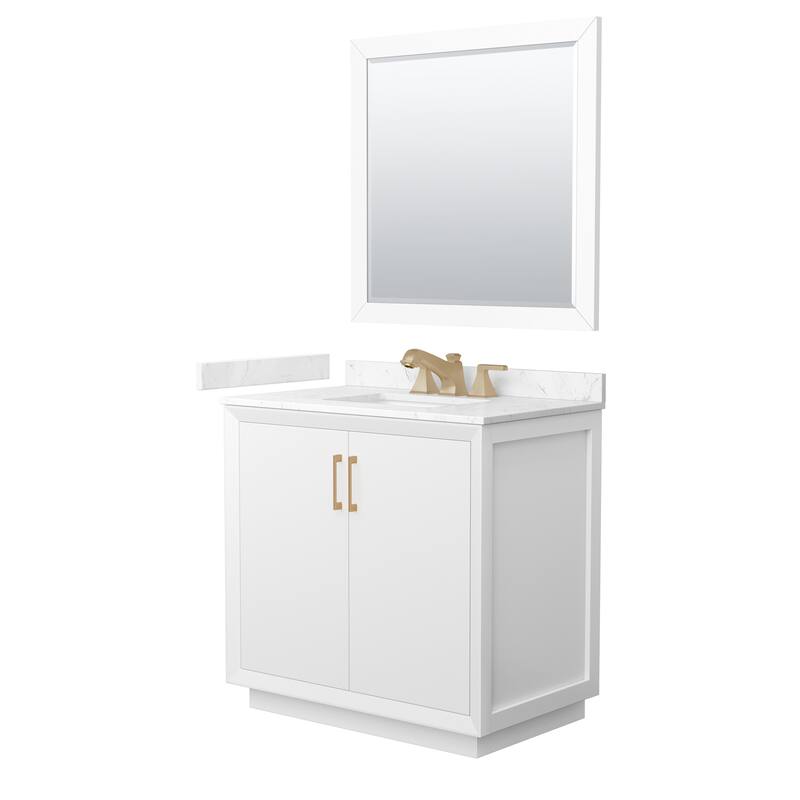 Wyndham Collection WCF4141-36S-VCA-US3M34 Strada 36" Free Standing - White / Carrara Cultured Marble Top / Satin Bronze
