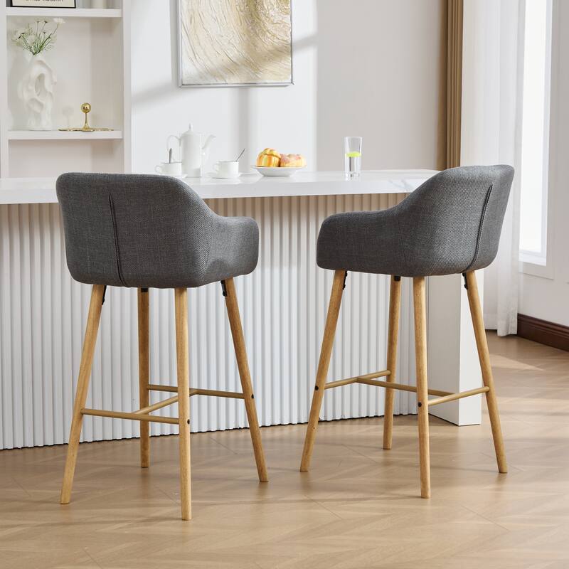 Modern Bar Stools Set of 2, Kitchen Island Tall Chairs with Back, Arm, Footrest and Solid Wood Leg, Upholstered Bar Stools