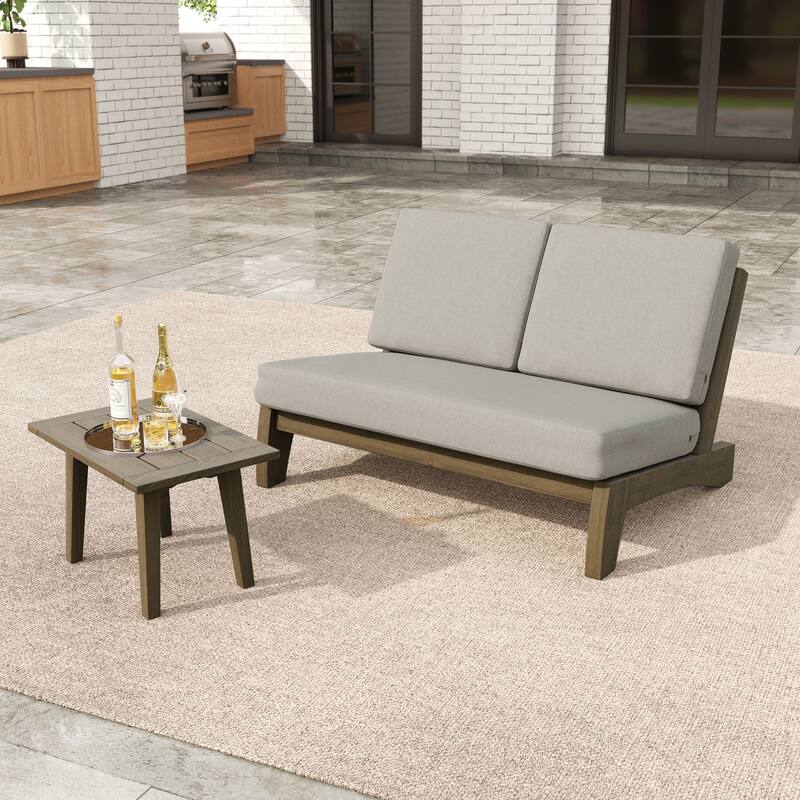 2-Piece Outdoor Teak Wood Loveseat Patio Set with Side Table