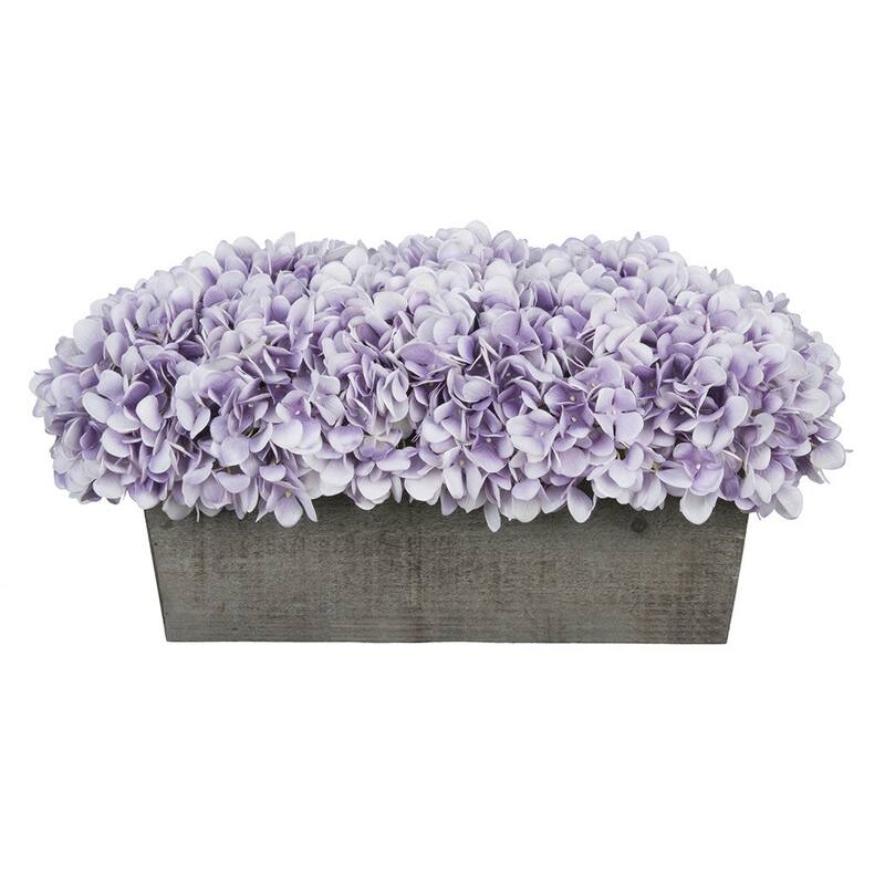 Faux Hydrangeas in Grey Wood Washed Ledge Planter - Lavender