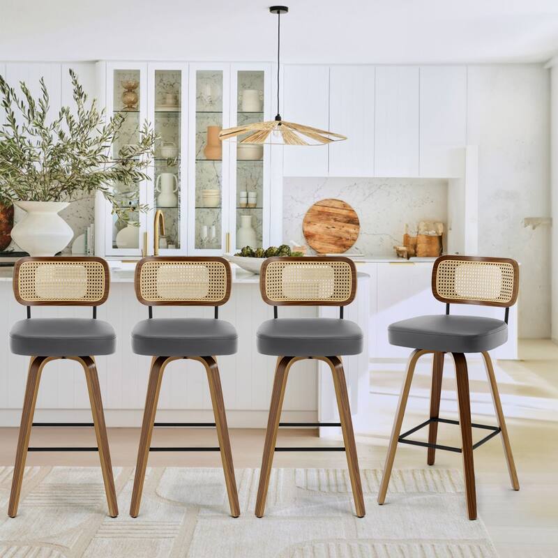 26"/29" Swivel Bar Stools/ Counter Stools with Bentwood Legs - Set of 4 - Grey-Rattan Back - Bar Height